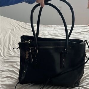 Stella & Dot Elegant Black Leather Tote Bag w/Cheetah accent